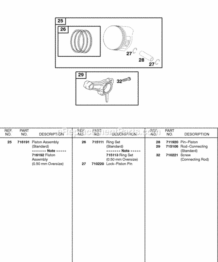 Piston Rings Connecting Rod Diagram and Parts List for 187432-0110-E1  Briggs and Stratton Engine